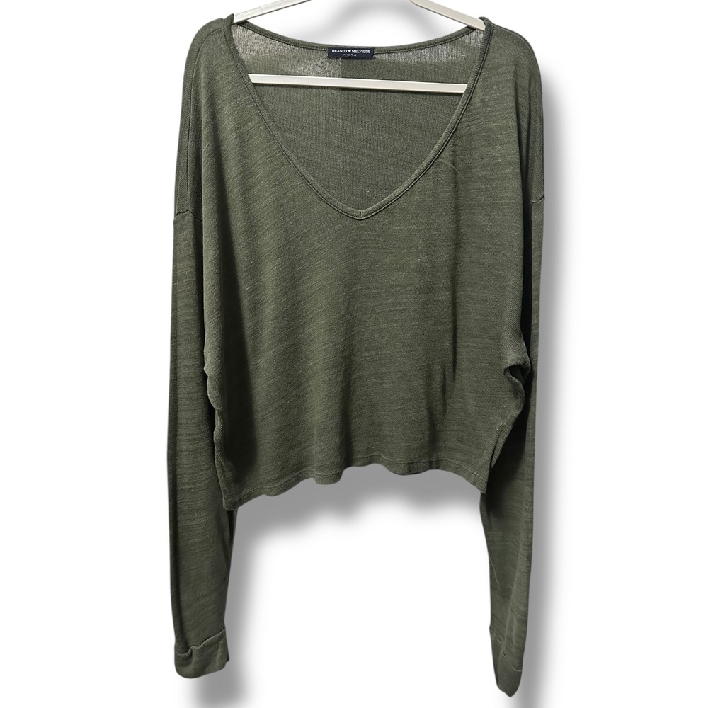 Brandy Melville Sweater Olive Green V-Neck Oversized Knit Earthy Minimalist O/S